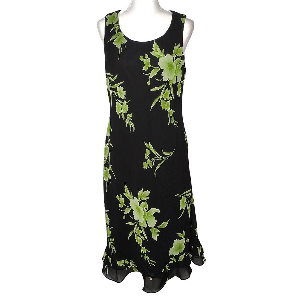Whimsigoth Floral Midi Dress Women 14 Studio I Black Green Ruffle Hem Sleeveless